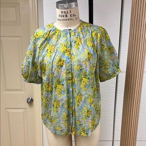 Floral Yellow Mimosa motif and Green Women's Top w/ short sleeve